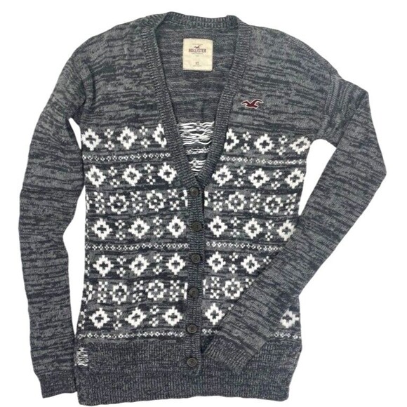 HOLLISTER Fair Isle Nordic Long Gray Button Grandpa Cardigan Sweater Cozy XS - Picture 1 of 9